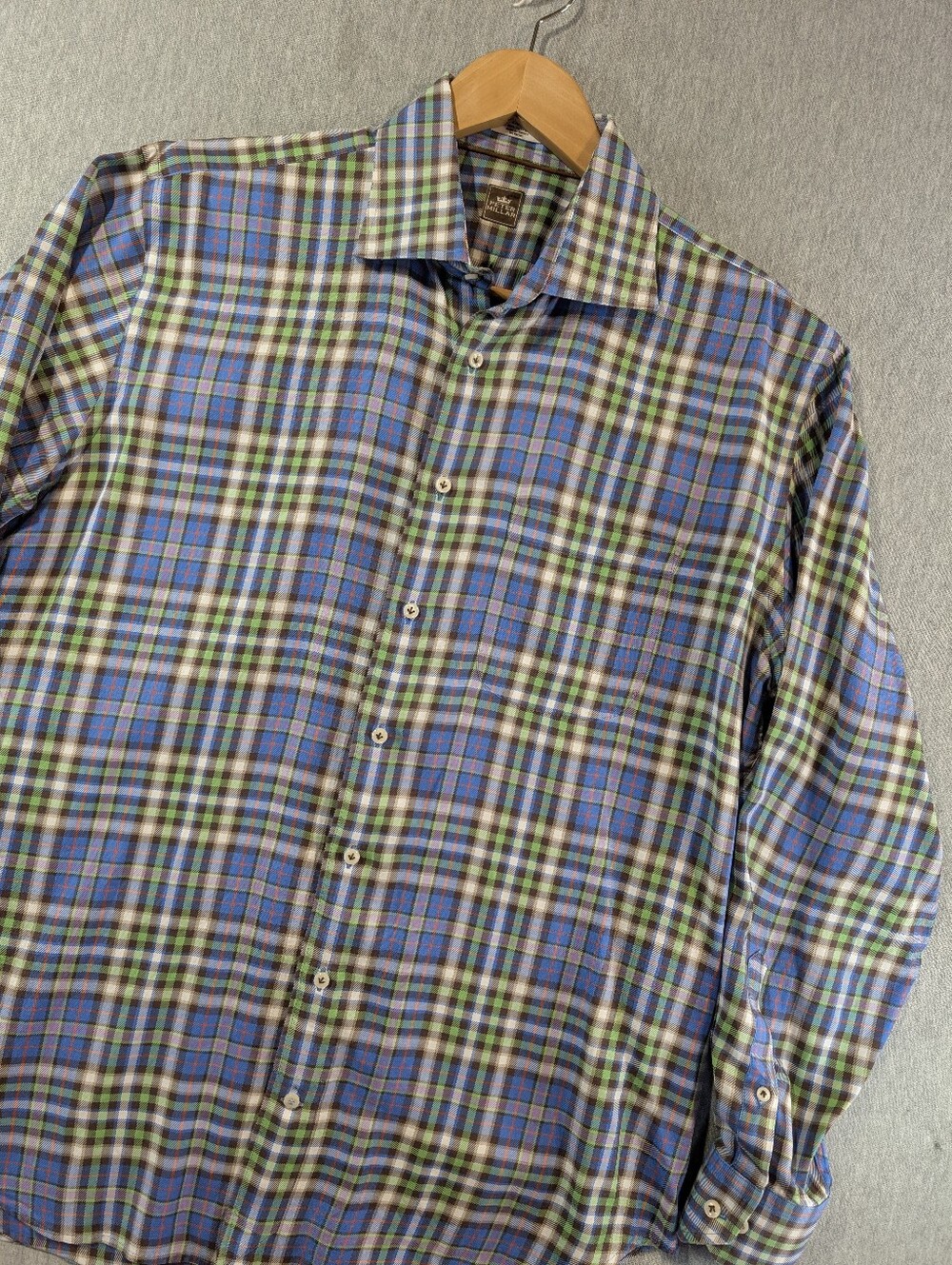 Peter Millar Plaid Button Shirt Men's Large Blue Green White Long Sleeve